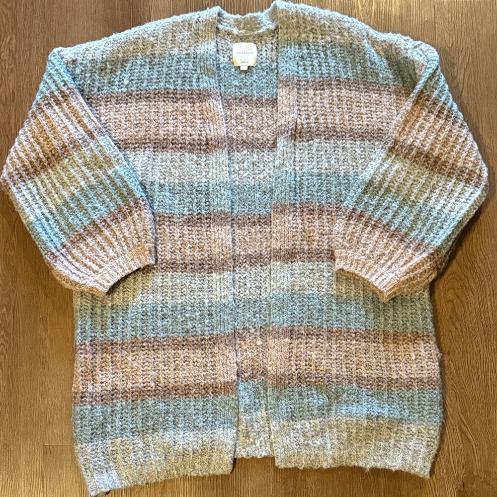 Gentle Fawn Cozy Striped Open-Front Women's Cardigan Sweater - Pastel Blue & Tan